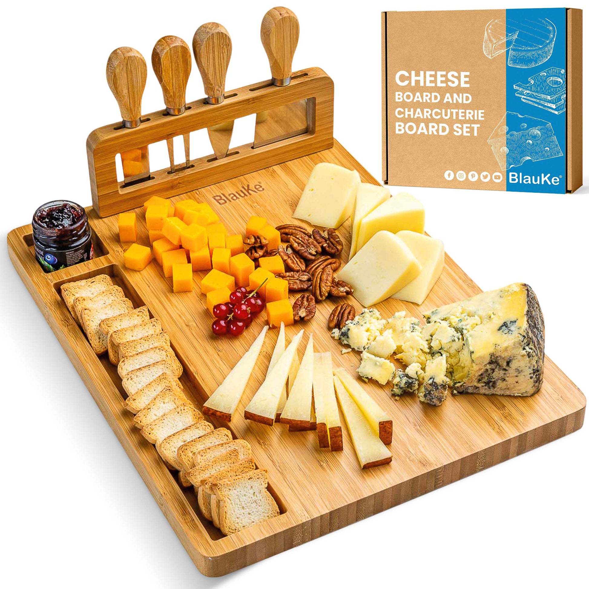 Bamboo Cheese Board and Knife Set - Complete Charcuterie Serving Set-0