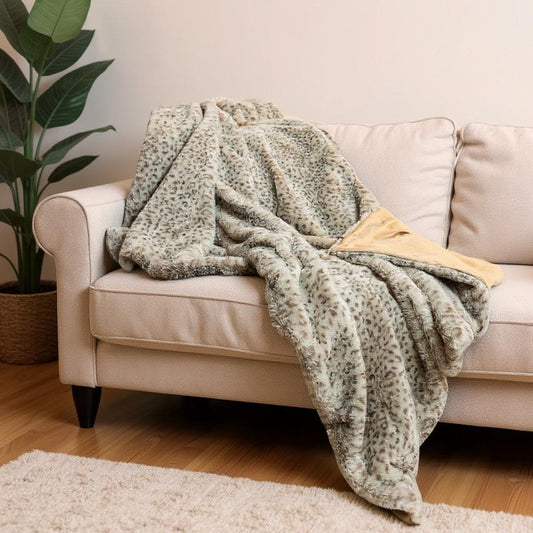 50" X 60" Brown and Taupe Faux Fur Animal Print Plush Throw Blanket-0