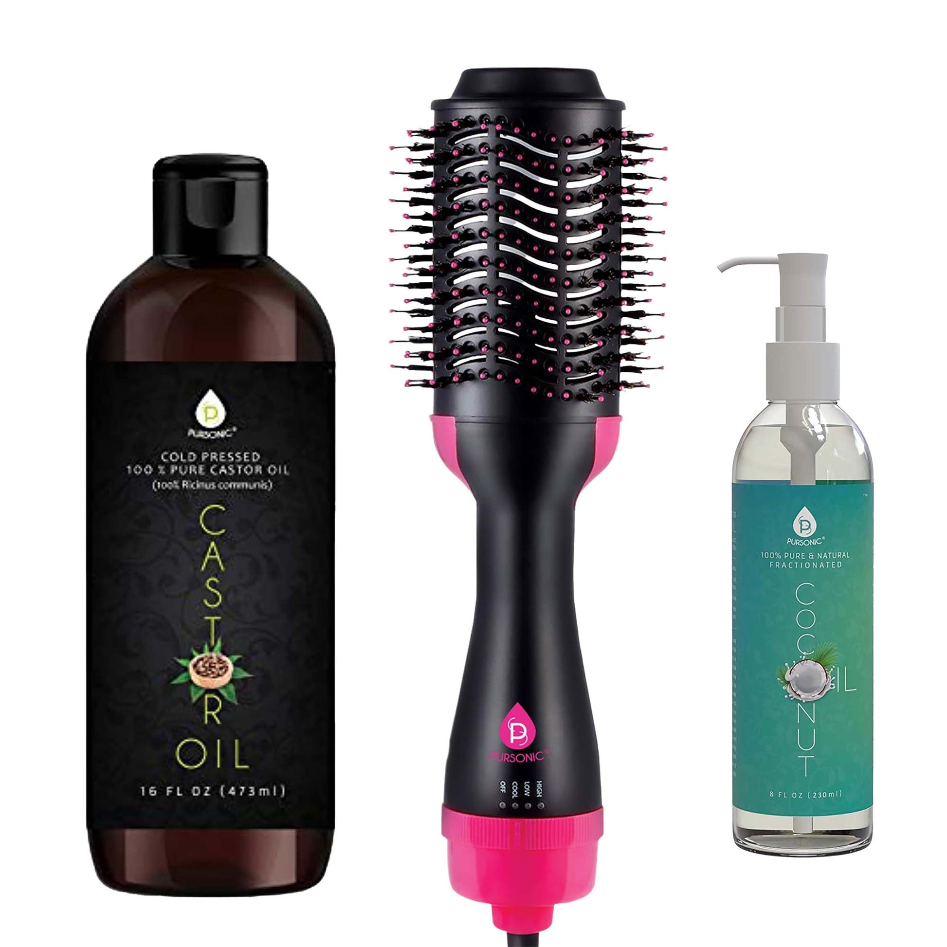 Hair Strengthening Bundle: Pursonic Fractionated Coconut Oil, One-Step Hair Dryer & Volumizer Brush, and Cold-Pressed Castor Oil-0