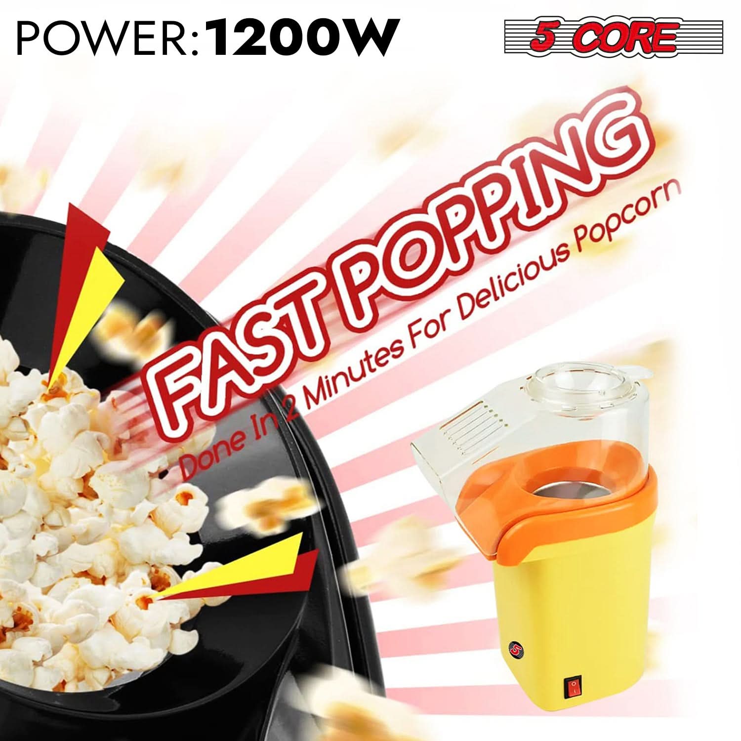 5Core Hot Air Popcorn Maker - 16 Cup Mini Portable Electric Popper Machine, Yellow-1