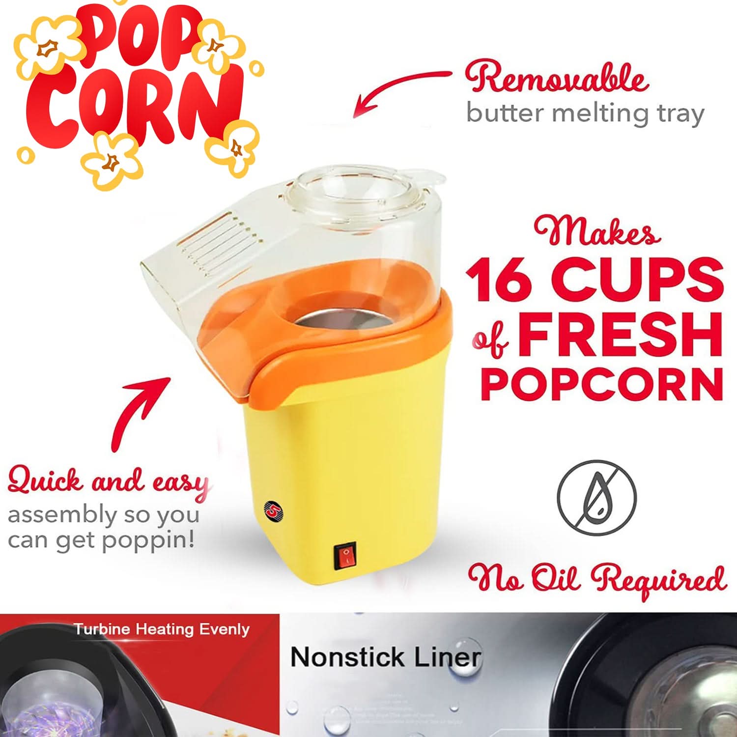 5Core Hot Air Popcorn Maker - 16 Cup Mini Portable Electric Popper Machine, Yellow-2