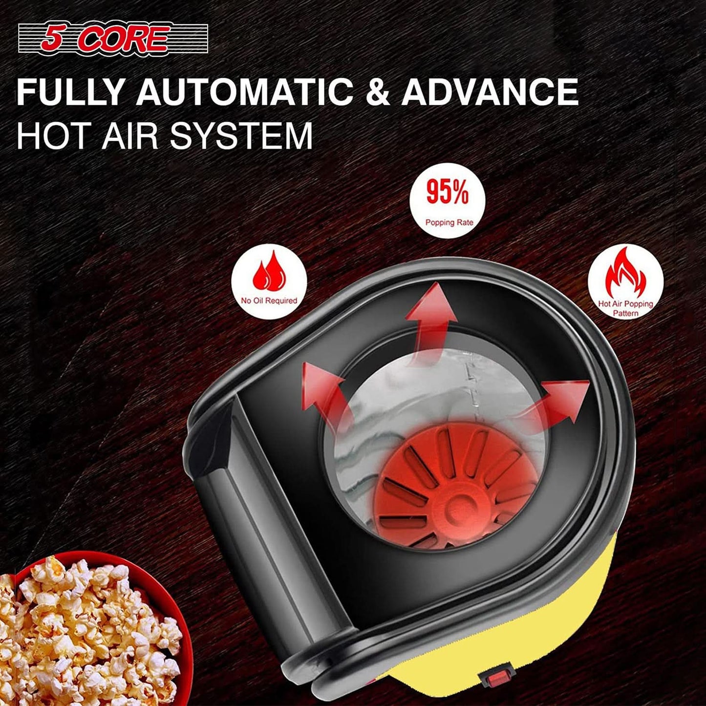 5Core Hot Air Popcorn Maker - 16 Cup Mini Portable Electric Popper Machine, Yellow-3