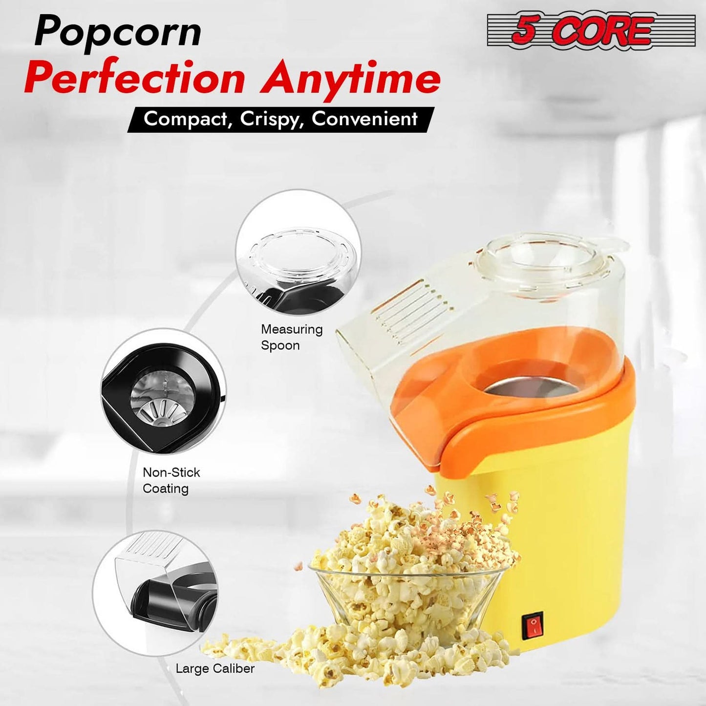 5Core Hot Air Popcorn Maker - 16 Cup Mini Portable Electric Popper Machine, Yellow-4