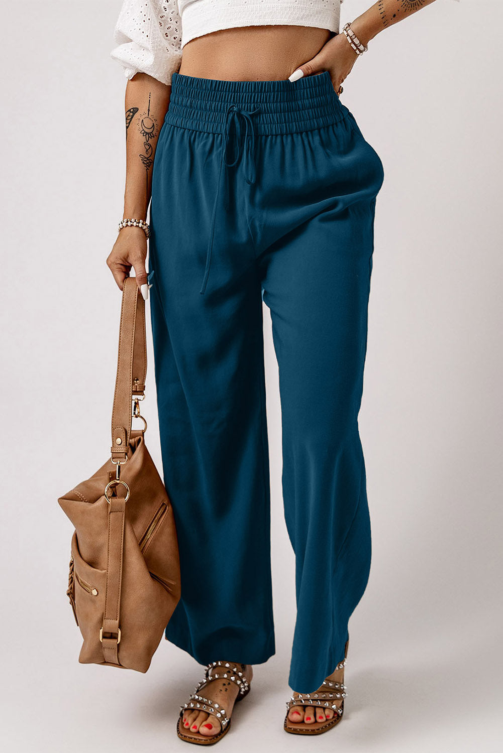 Kenzie Drawstring Elastic Waist Wide Leg Pants - Comfortable Casual Lounge Pants-4