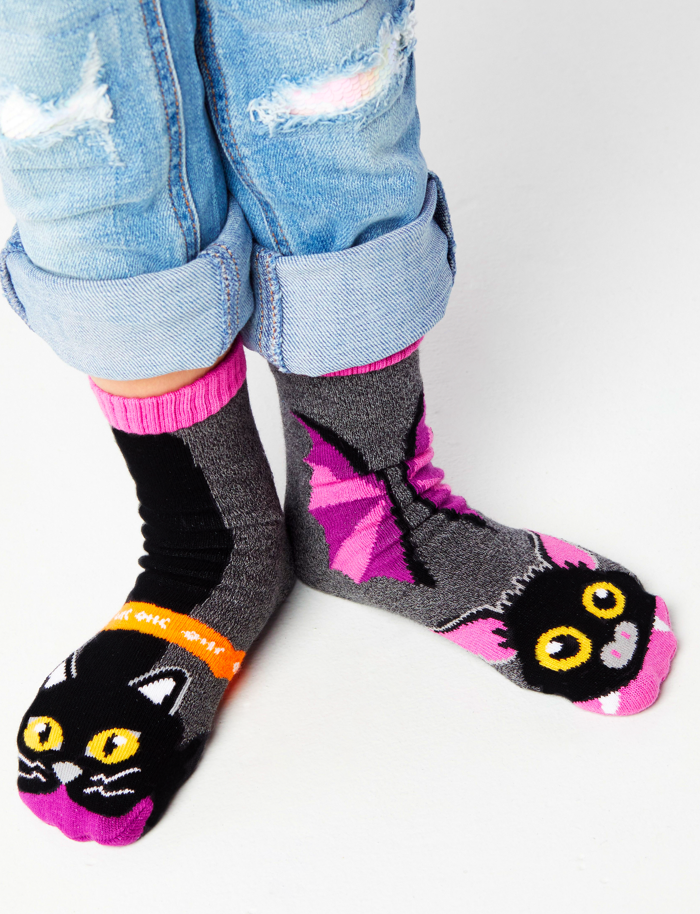 Kids Bat & Black Cat No-Slip Socks - Halloween Themed Grip Socks-0