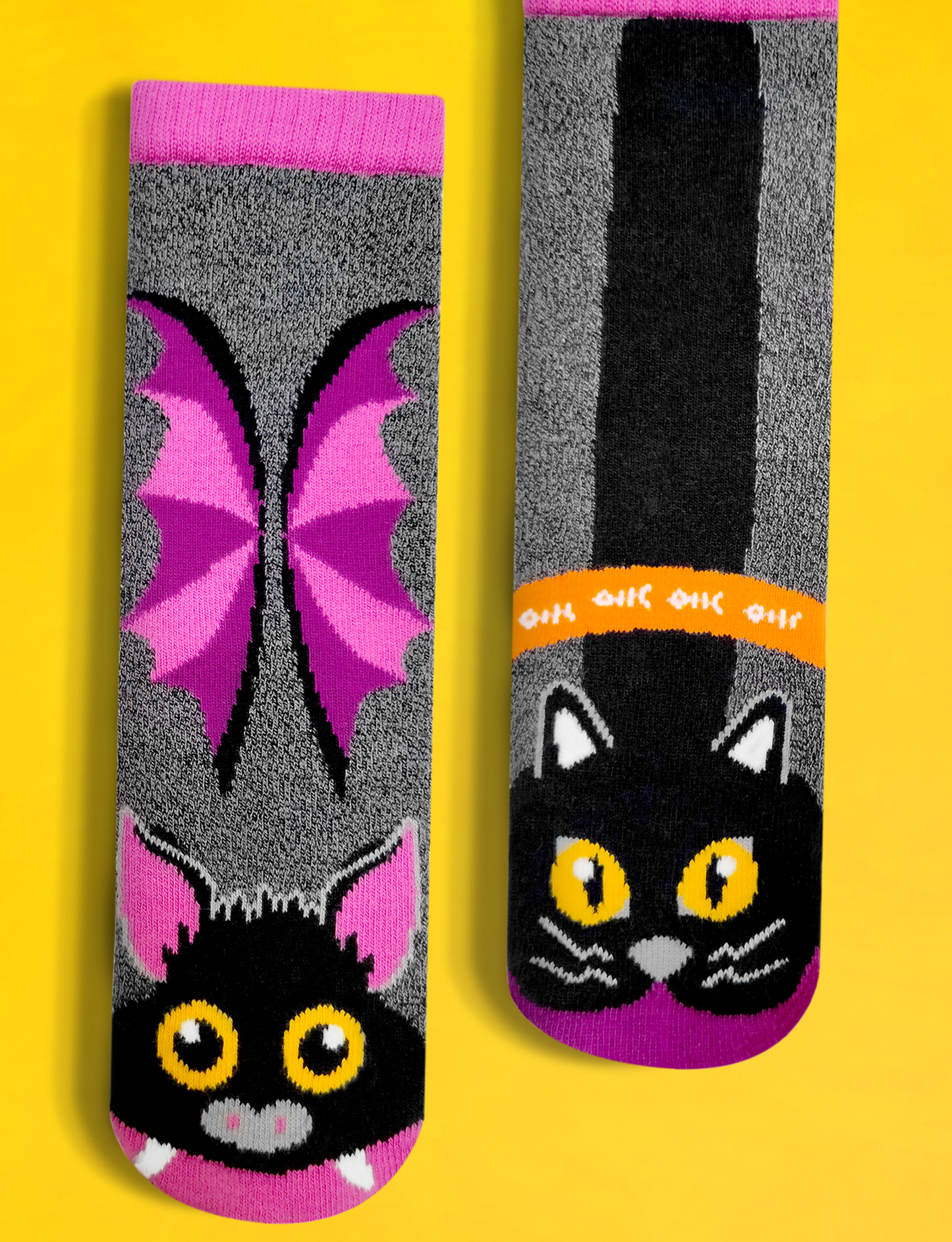 Kids Bat & Black Cat No-Slip Socks - Halloween Themed Grip Socks-1